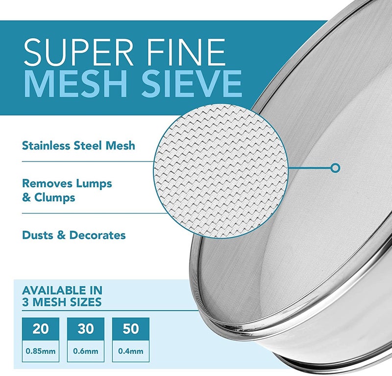 Vollum Stainless Steel Flour Sifter Fine Mesh Round Flour Sieve for Baking 12" Diameter x 2.5" High; 20 Mesh (Hole Size 0.85mm) - Image 3
